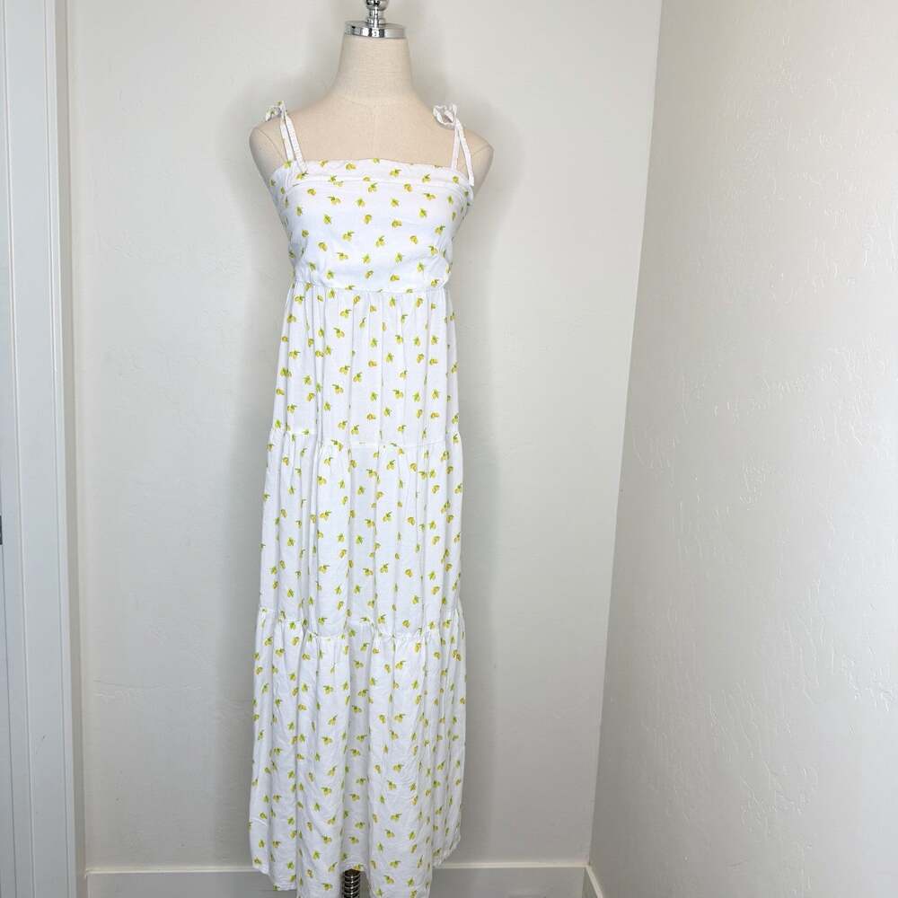 Kenny Flowers Tiered Maxi Dress Lemon Print Womens Medium White Smocked